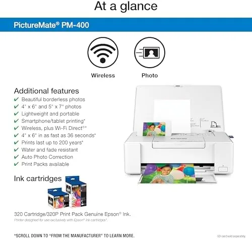 A smartphone next to the PictureMate PM-400 showing the Epson iPrint app