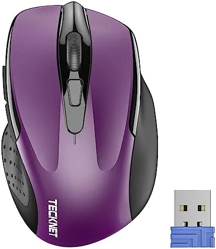 The purple TECKNET wireless mouse seen from the top with the scroll wheel visible