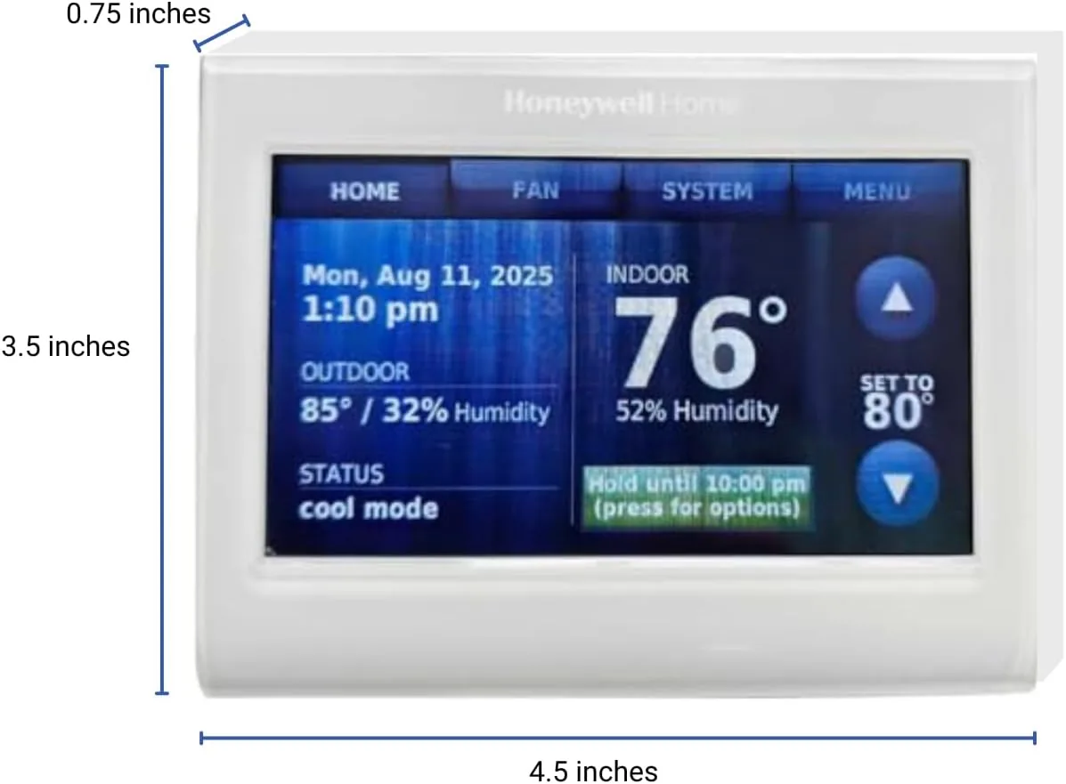 A close up of the Honeywell touchscreen showing the temperature and schedule