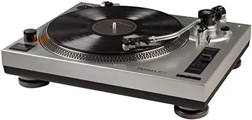 A close up of the Crosley C100A tonearm, headshell, and counterweight