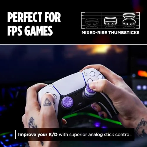 Hands holding a controller with the purple thumbsticks during gameplay