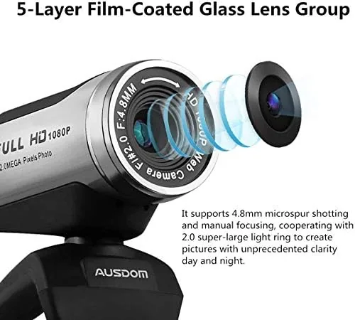 Close-up of the AUSDOM webcam lens and microphone grille