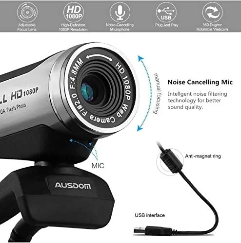 The AUSDOM webcam clipped to a laptop lid in a home office