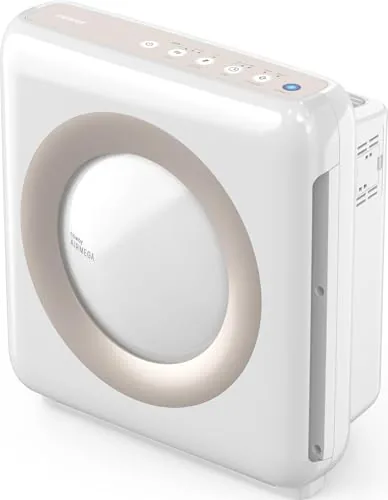 The Coway Mighty air purifier in white in a corner of a living room