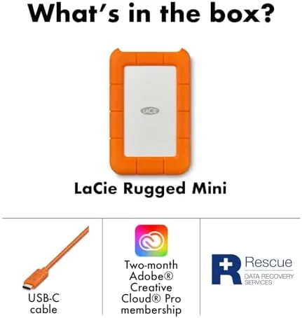 Close look at the LaCie Rugged Mini Portable External Hard Drive, 4TB, 2.5", for build quality