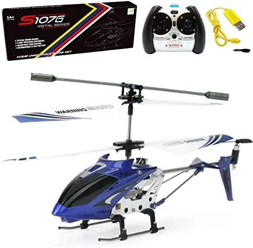 Cheerwing S107G mini helicopter resting on a desk with its blue body