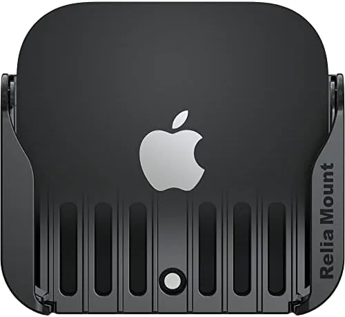Premium Apple TV mount held next to an Apple TV device
