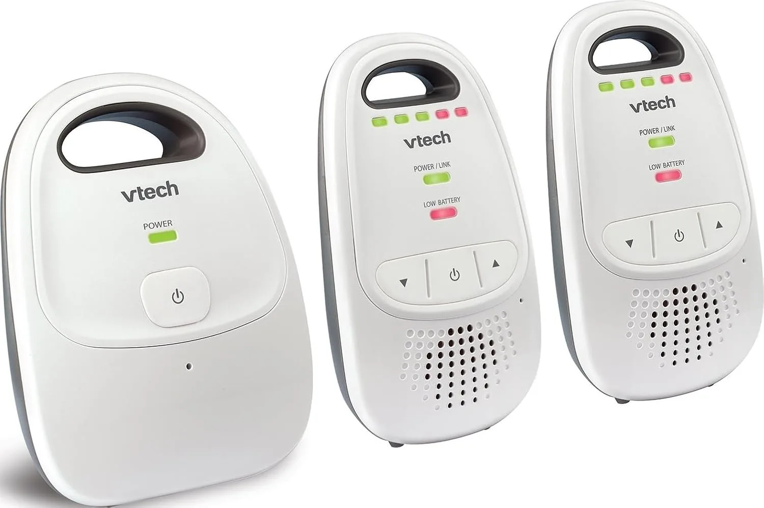 VTech baby monitor parent unit and baby unit on a nursery shelf
