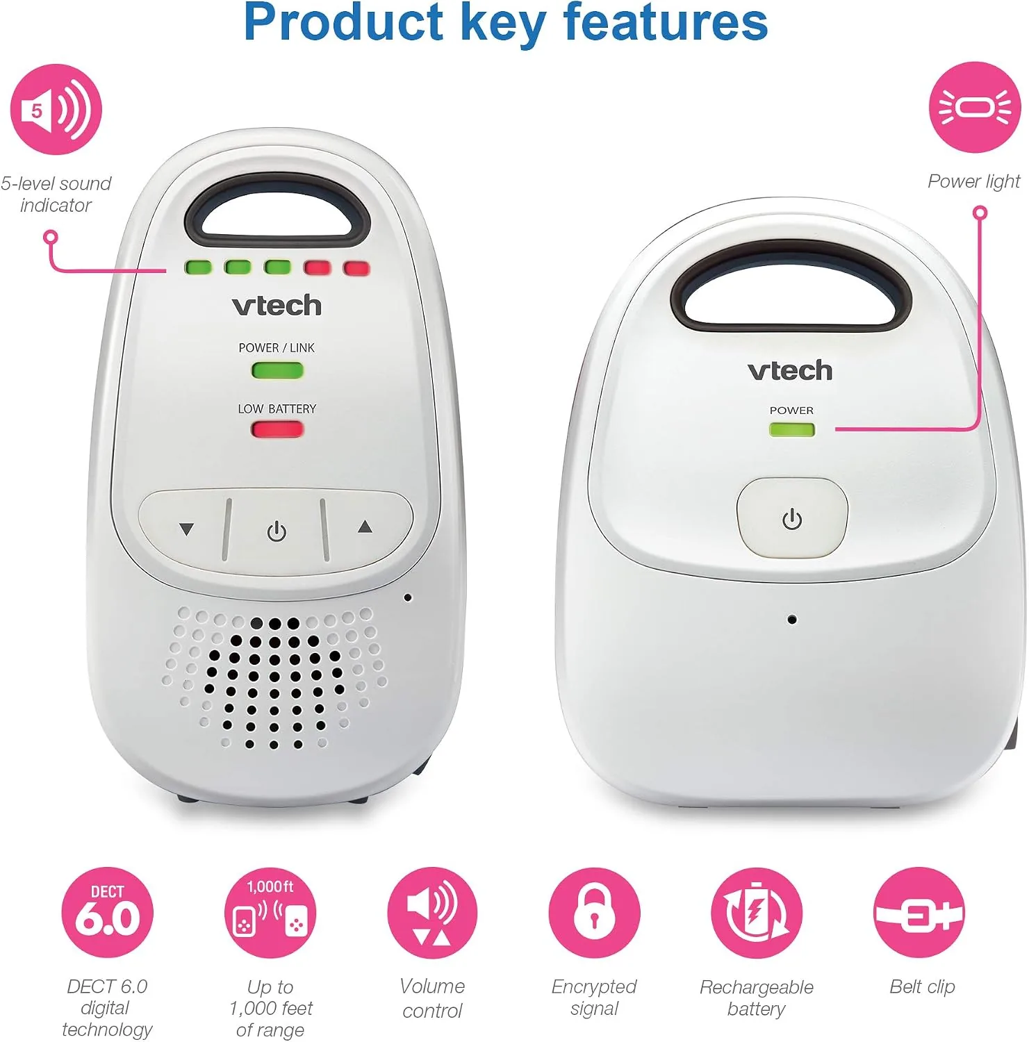 Close up of the VTech parent unit showing the sound level display