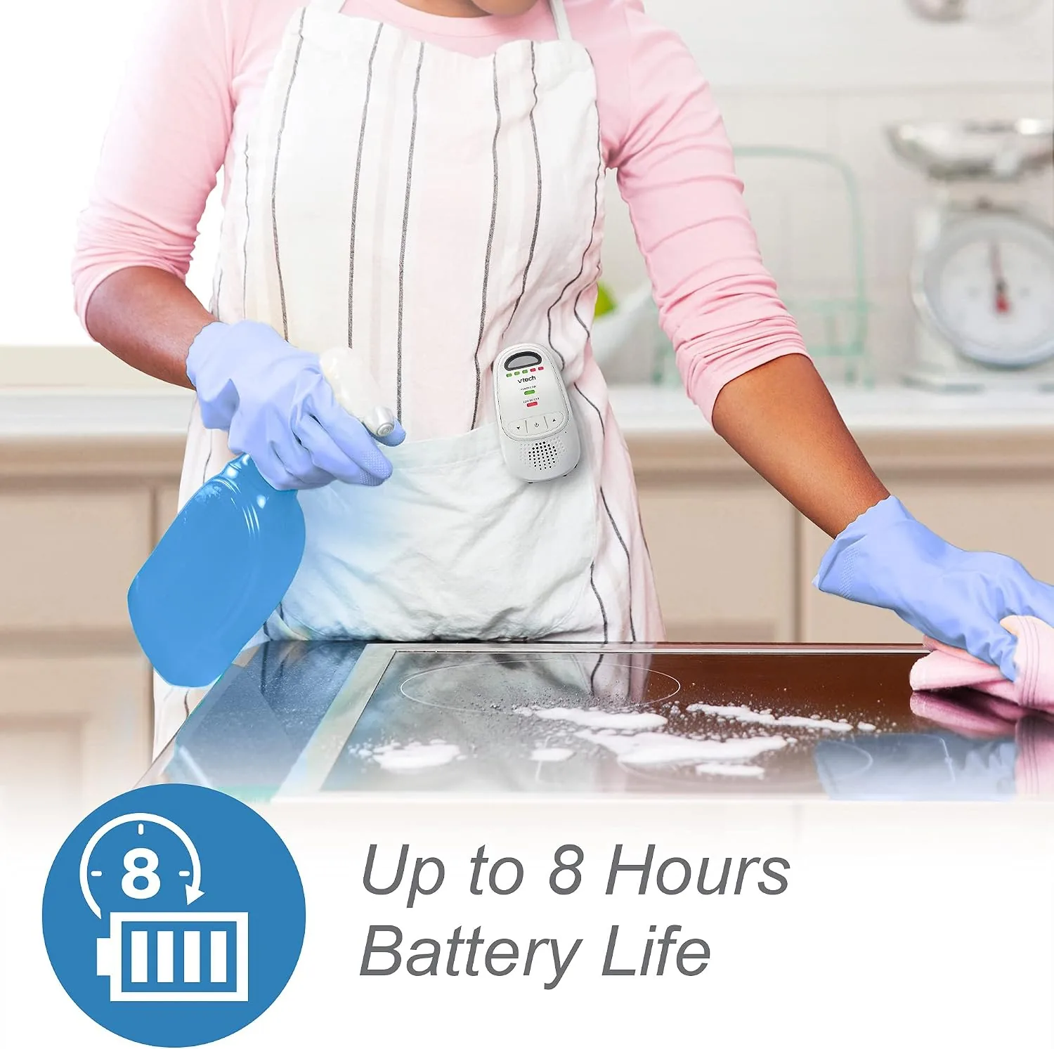 Parent unit carried in a kitchen while the baby unit stays in the nursery