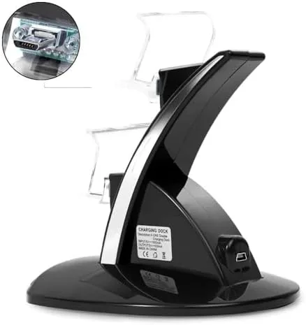 The Megadream charging station on a shelf next to a PlayStation 4 console