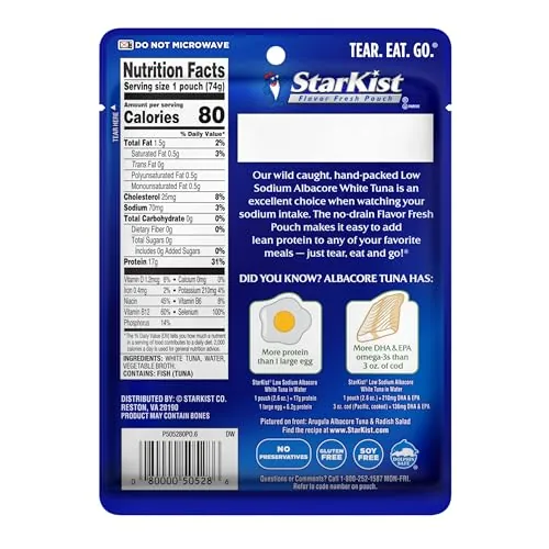Nutrition panel close up on the StarKist albacore tuna pouch