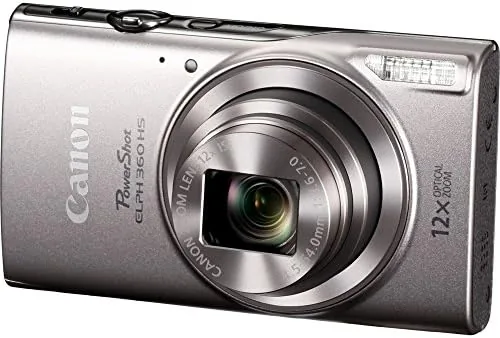 Canon PowerShot ELPH 360 silver compact camera on a table