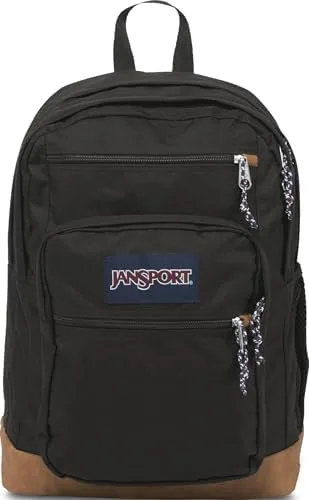 Front view of the black JanSport Cool Backpack standing upright