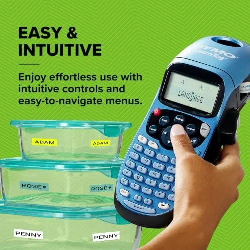 The LetraTag 100H resting on a desk beside neatly labeled stationery organizers