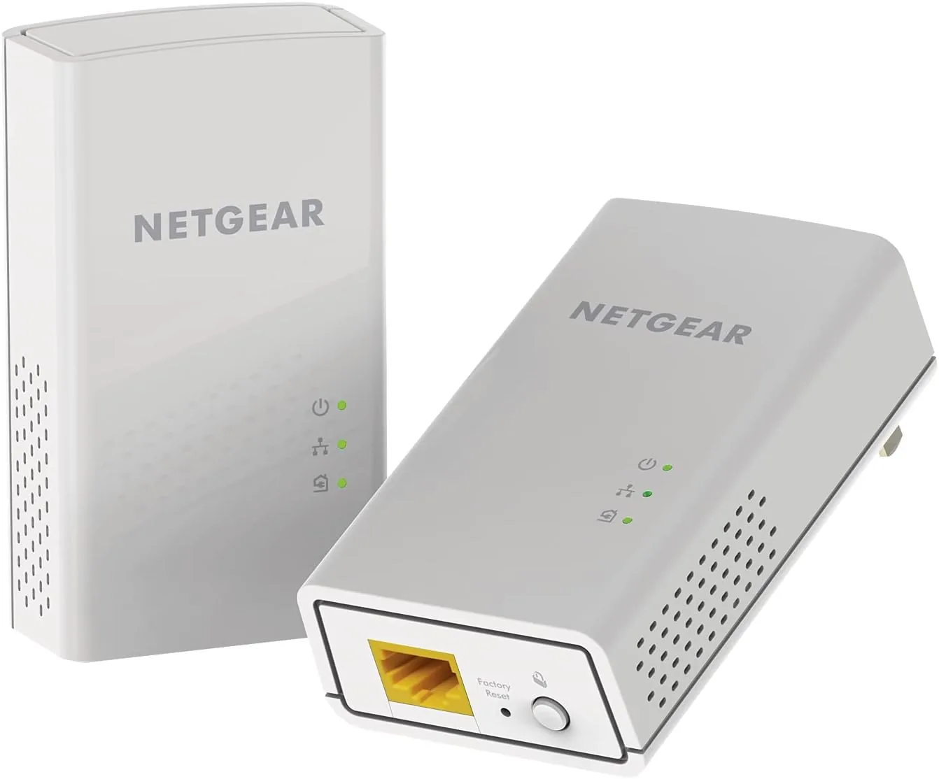 The two NETGEAR PL1000 powerline adapters plugged into wall sockets in different rooms