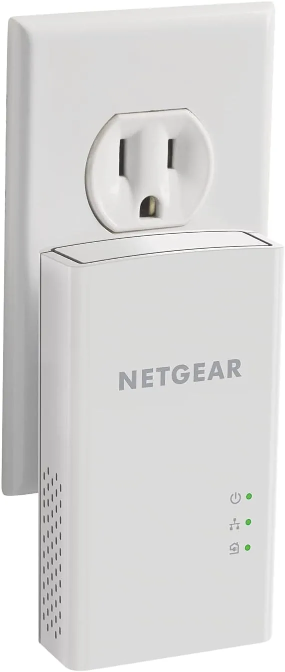 Close up of one NETGEAR PL1000 adapter showing the gigabit Ethernet port and pairing button