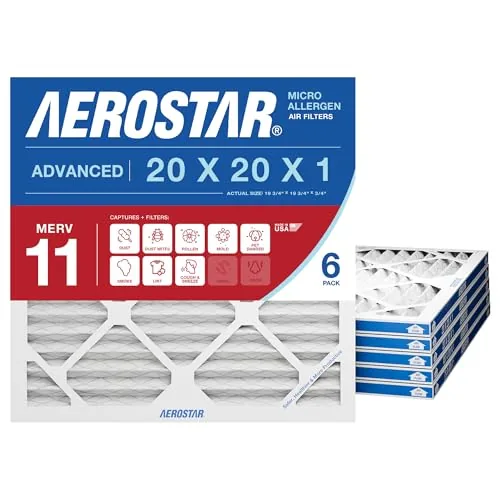 A stack of six Aerostar MERV 11 filters in their packaging next to one opened filter