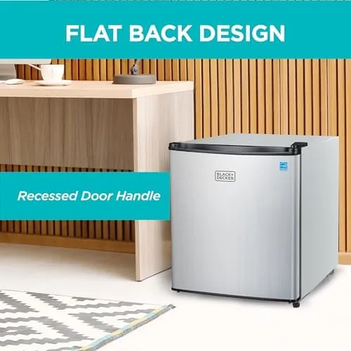 The mini fridge styled on a counter beside a coffee maker