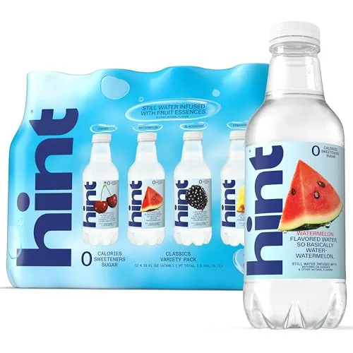 The Hint water variety 12 pack with fruit flavors arranged on a table