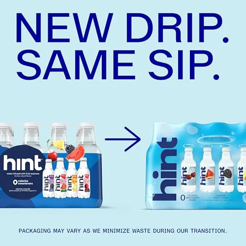 Hint water being poured from a bottle into a glass with fruit nearby