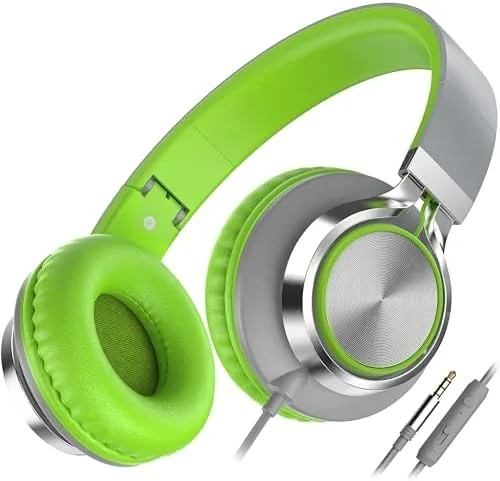The grey and green wired headphones on a study desk