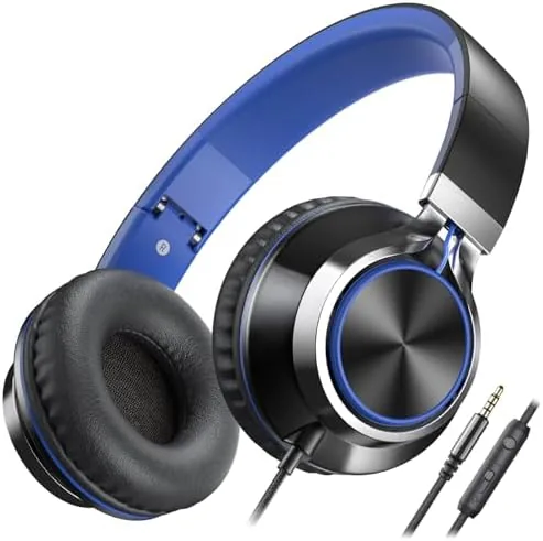 The AILIHEN C8 kids headphones in black and blue on a classroom desk