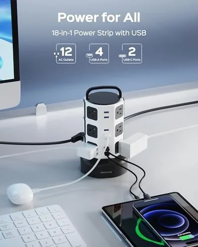 Close look at the JACKYLED Power Strip Tower Surge Protector, 12 AC 6 USB build quality