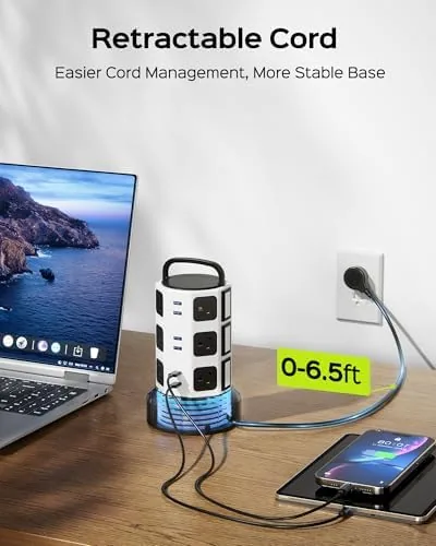 Detail shot of the JACKYLED Power Strip Tower Surge Protector, 12 AC 6 USB features