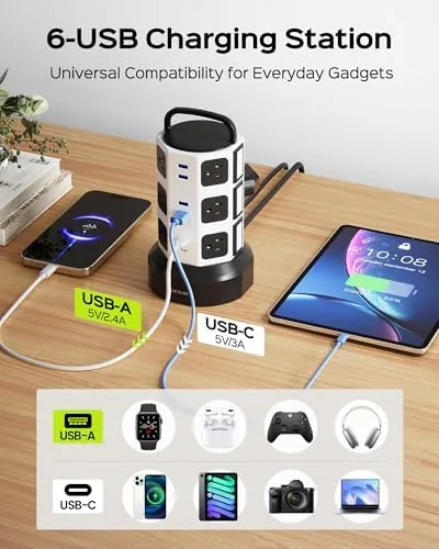 Another view of the JACKYLED Power Strip Tower Surge Protector, 12 AC 6 USB
