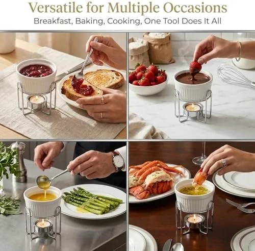 Crab legs with a cup of melted butter in a warmer on the table