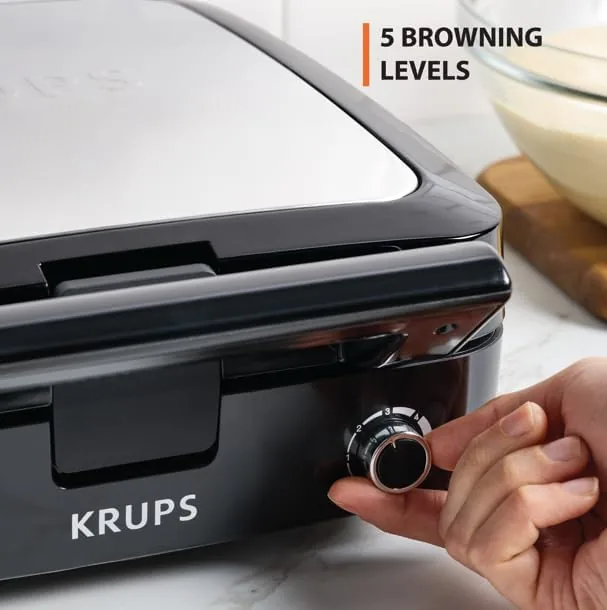 Close up of the browning dial and indicator lights on the KRUPS waffle maker