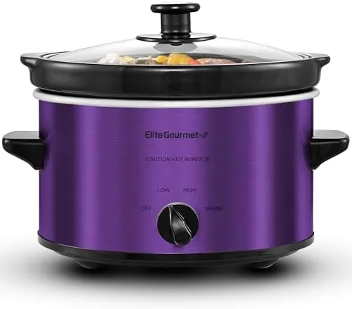 The purple Maxi-Matic 2 quart slow cooker on a kitchen counter