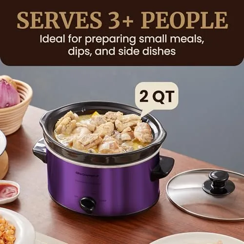 A bowl of stew served from the purple Maxi-Matic slow cooker