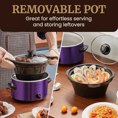 The purple 2 quart slow cooker next to a large 6 quart model