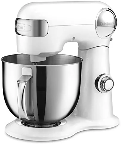 The Cuisinart stand mixer in white linen on a kitchen counter