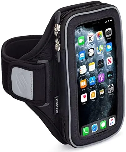 The Entropy E8 padded running armband laid flat showing the phone pocket and strap