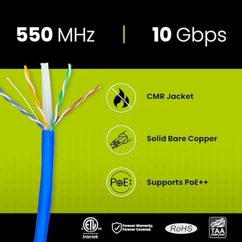 Close look at the TRUE CABLE Cat6 Riser (CMR), 1000ft, Blue, 23AWG 4 Pair build quality