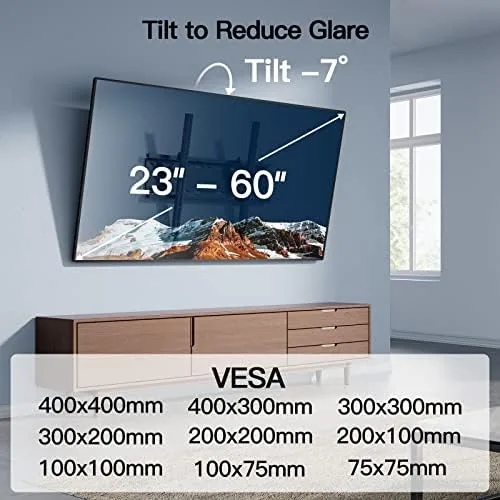 The PERLESMITH mount holding a television with a slight downward tilt above a media console