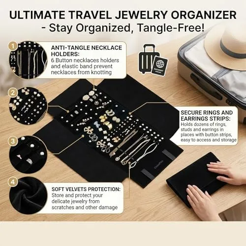 Close look at the UnionPlus Travel Jewelry Roll Organizer, Black | Soft Velvet Jewelry build quality