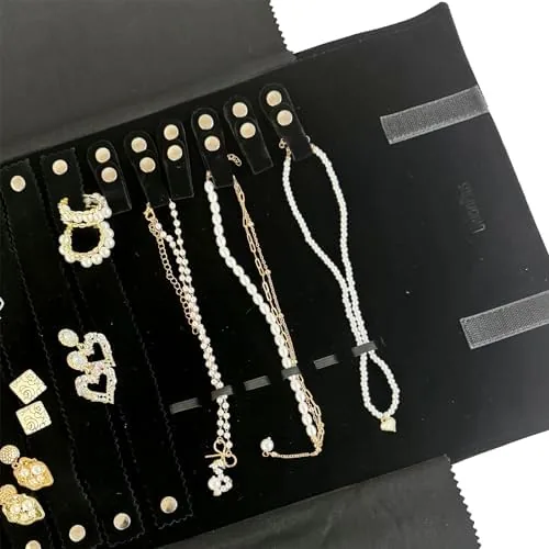 Another view of the UnionPlus Travel Jewelry Roll Organizer, Black | Soft Velvet Jewelry