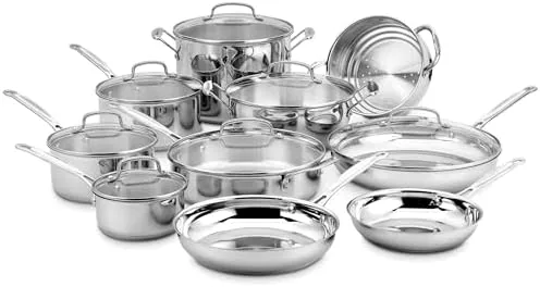 Cuisinart 17 piece stainless steel cookware set arranged on a counter