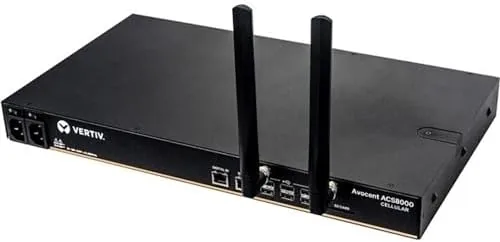 Rack view showing the ACS8000 with fiber cable connected to a management switch