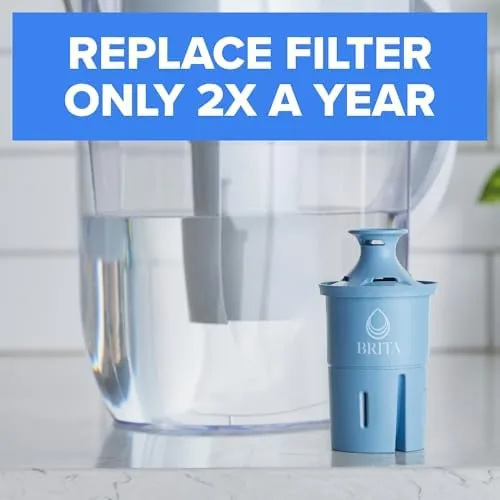 Brita pitcher filled with filtered water beside a glass of clear water