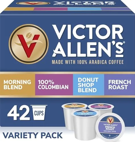 The Victor Allen coffee variety pack box with K-Cup pods in front