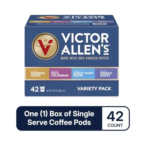 A mug of coffee being filled by a Keurig machine using a Victor Allen pod