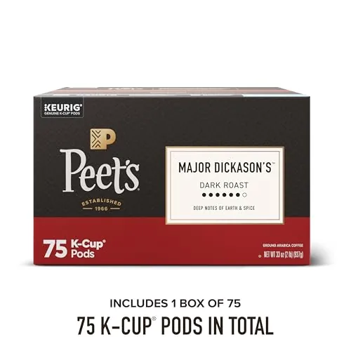A Keurig machine brewing a Major Dickason's pod into a mug