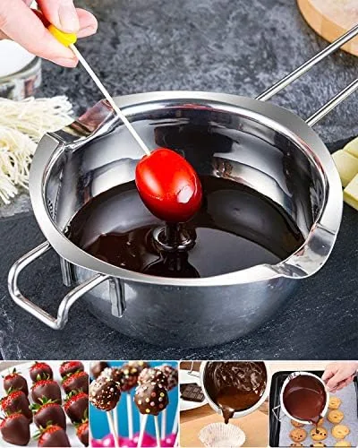 The double boiler stored on a kitchen shelf with the pouring spout visible