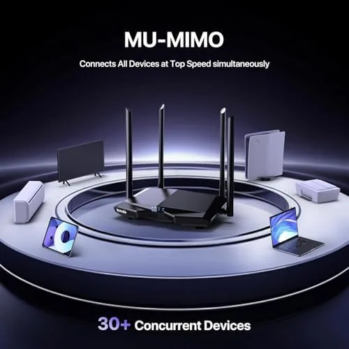 The Tenda AC1200 router set up in a home office near a desktop