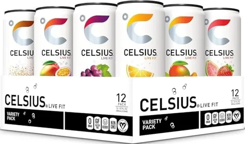 The CELSIUS assorted flavors variety pack cans lined up on a table